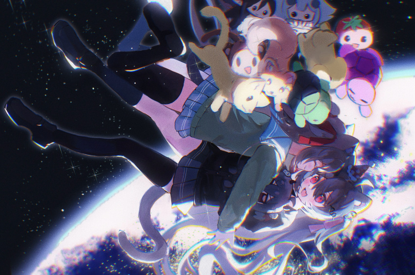 2girls, animal, animal_ear_fluff, animal_ears, annytf, black_cardigan, black_shoes, black_skirt