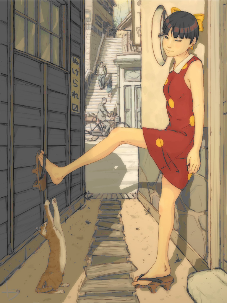 artist_request, bare_shoulders, barefoot, black_hair, bow, cat, dress, feet