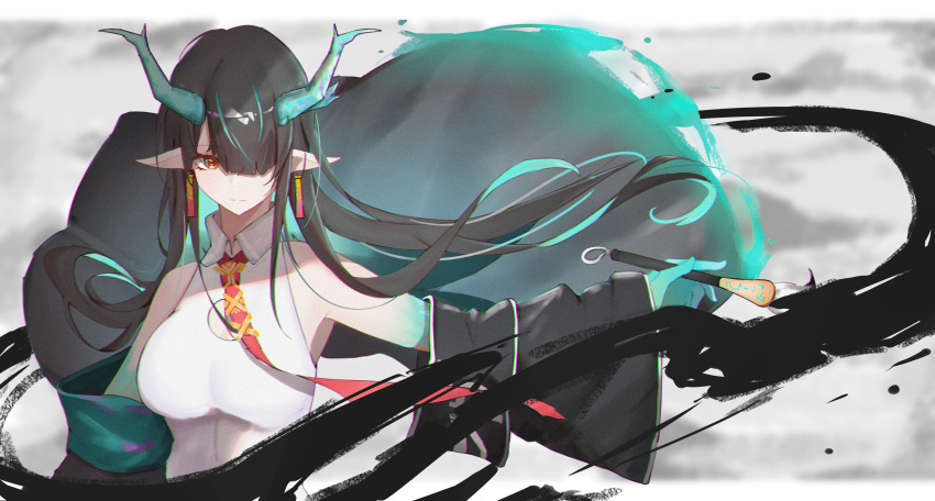 1girl, absurdres, arknights, black_hair, black_jacket, colored_extremities, colored_skin, dragon_girl