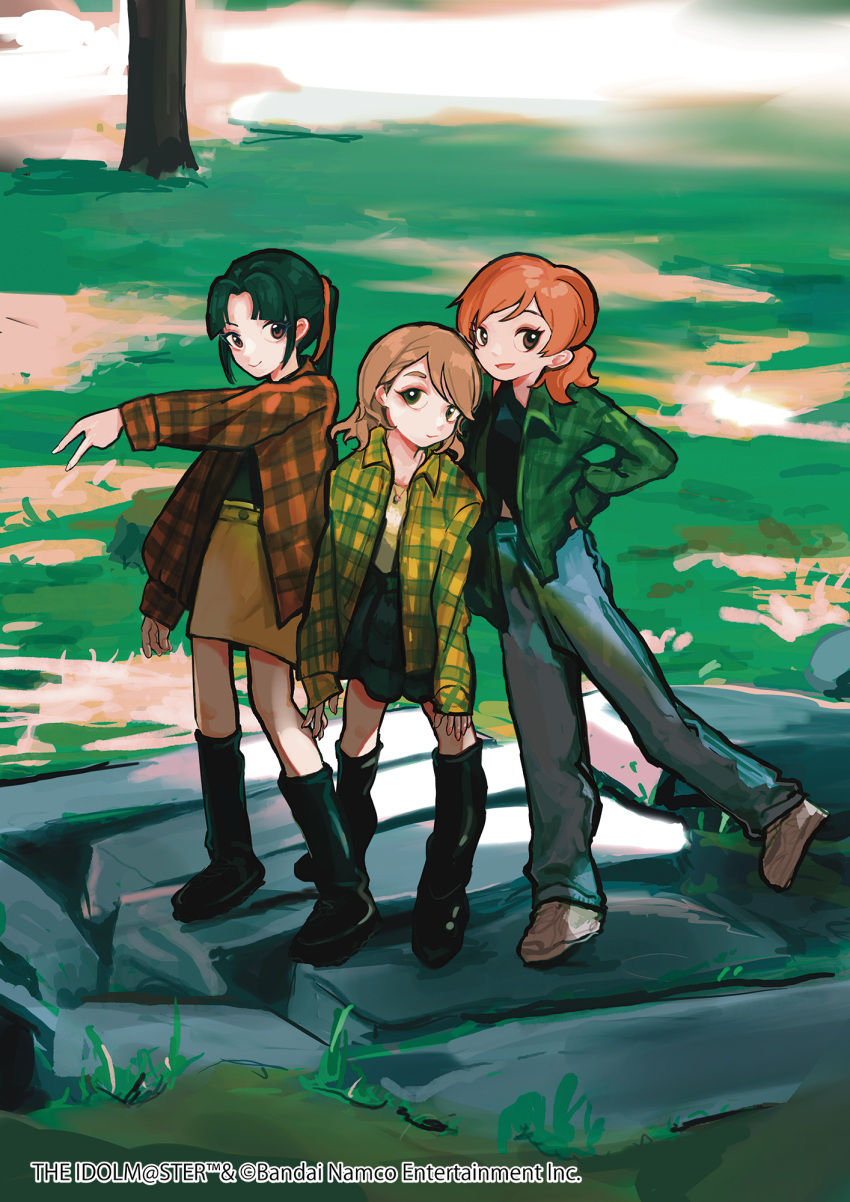 3girls, boots, brown_hair, full_body, green_hair, highres, idolmaster, idolmaster_cinderella_girls