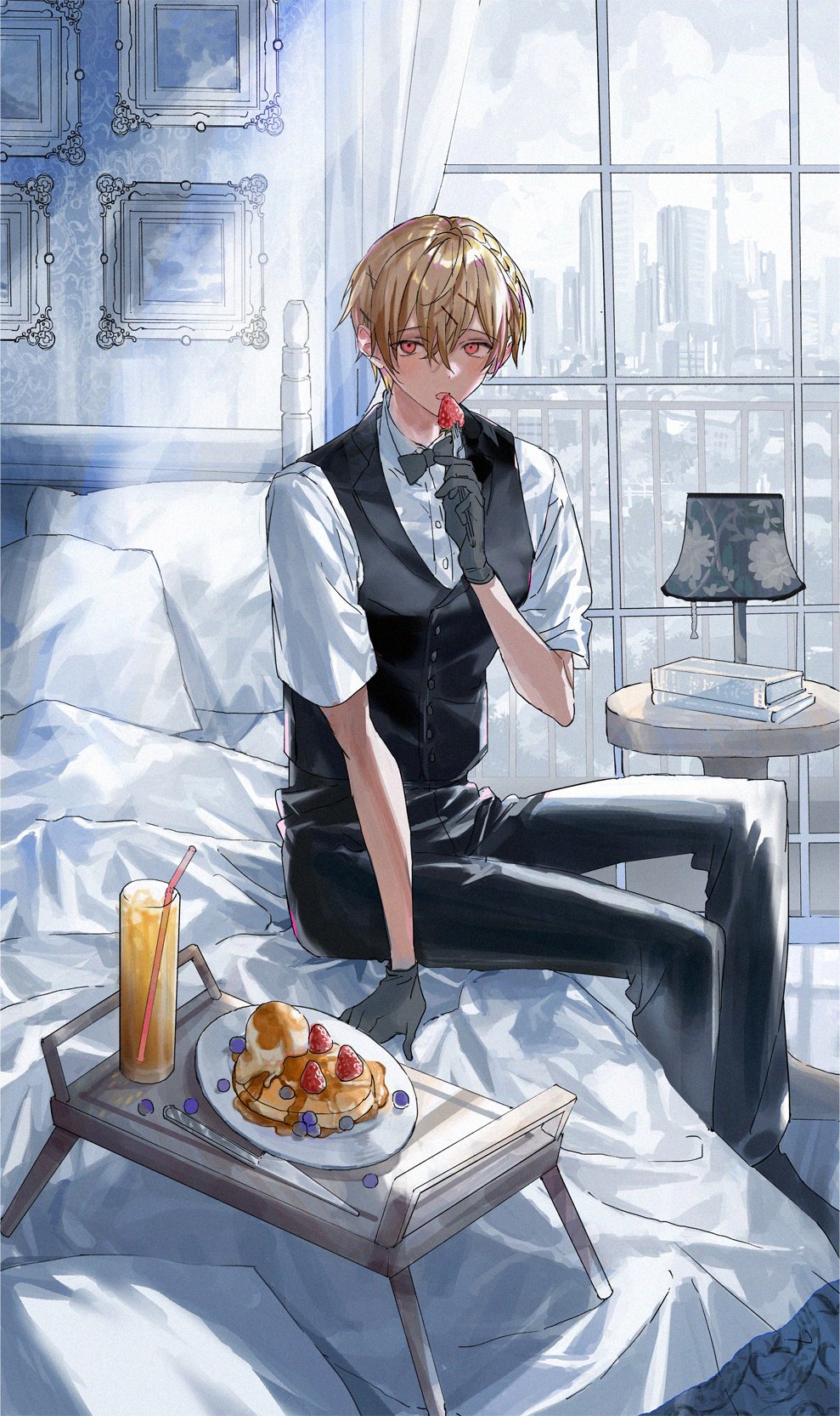 1boy, black_pants, black_vest, blonde_hair, blush, book, book_stack, bow