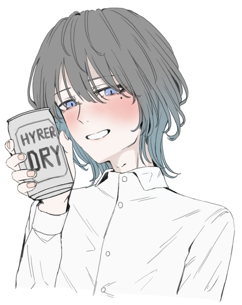 1boy, aderi1020, androgynous, asahi_breweries, beer_can, blue_eyes, blush, can