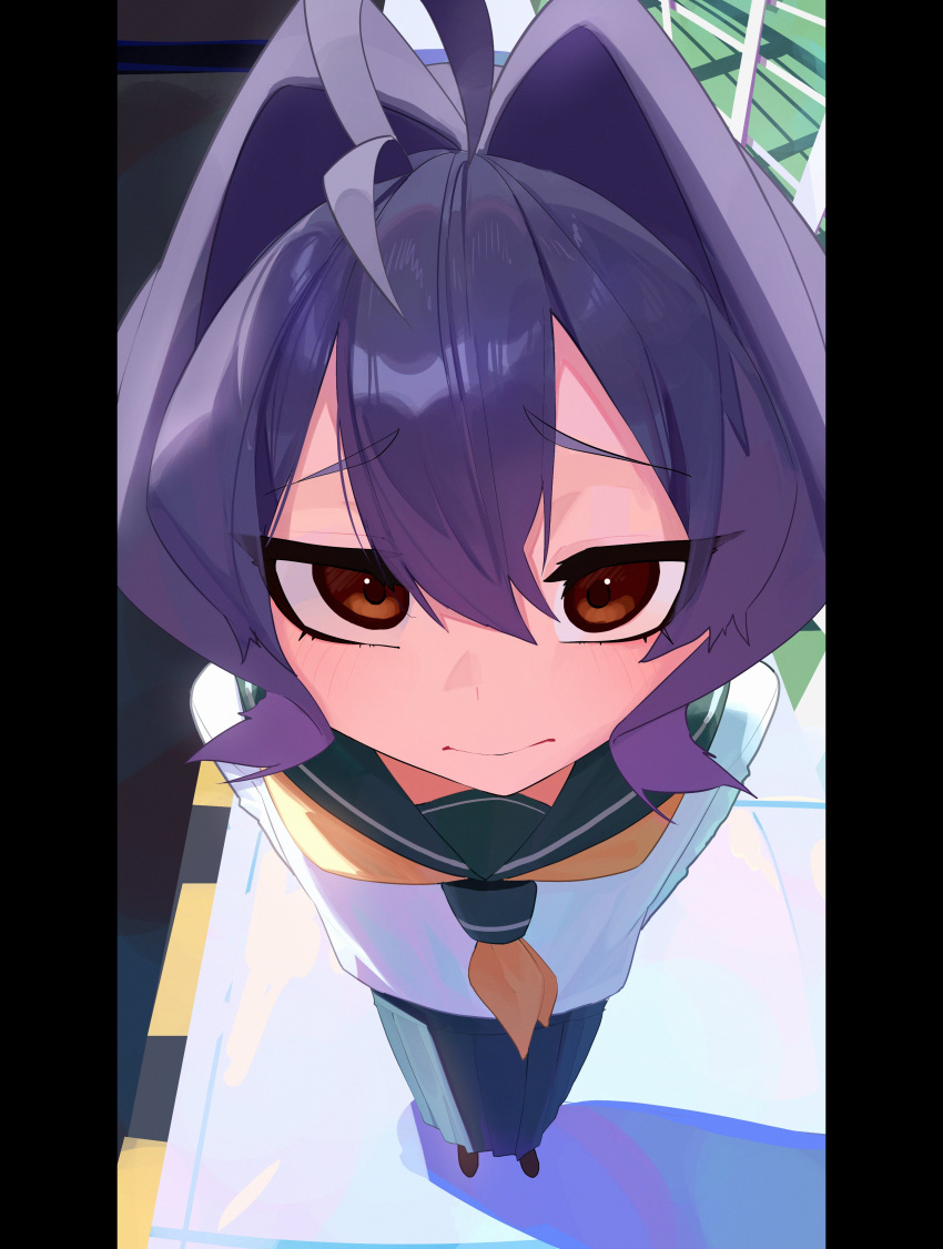 1girl, absurdres, ahoge, brown_eyes, closed_mouth, commentary, english_commentary, foreshortening