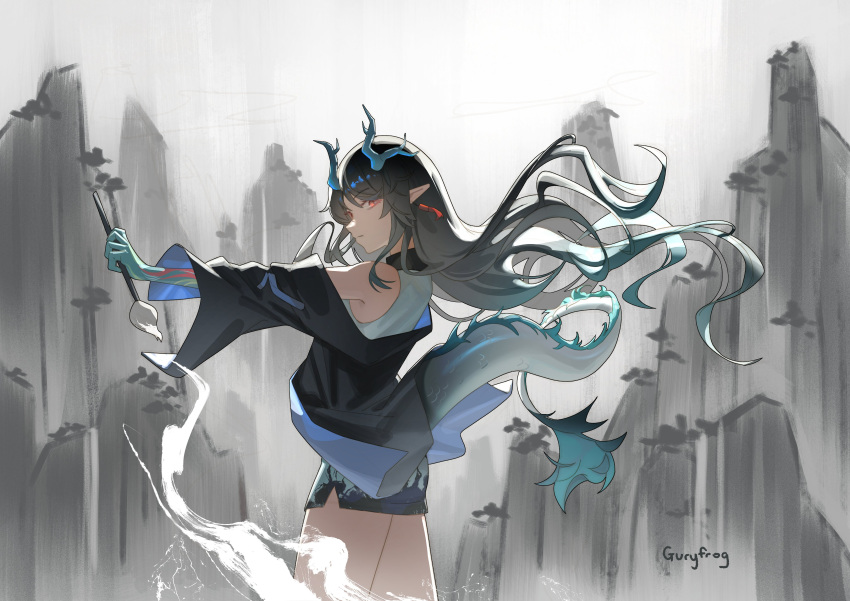 absurdres, arknights, black_hair, colored_extremities, colored_skin, dragon_girl, dragon_horns, dragon_tail