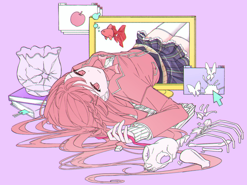 1000-nen_ikiteru_(vocaloid), 393_kani_(sakusa_kani), alternate_eye_color, alternate_hair_color, animal_skull, apple, blazer, bone