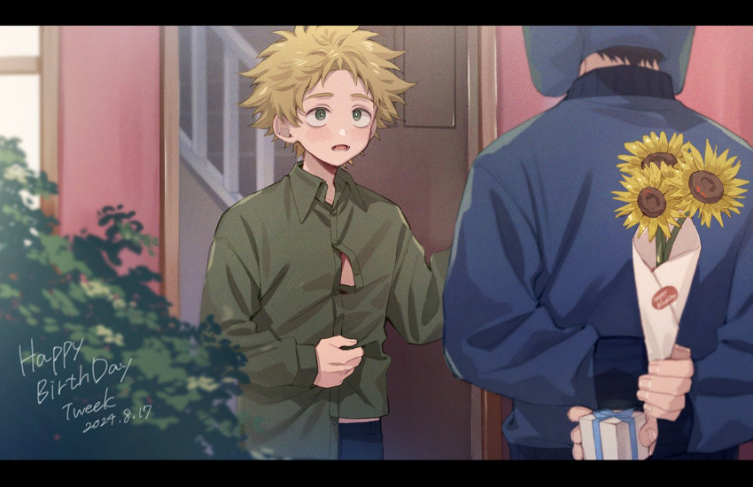 2boys, animification, arms_behind_back, back, black_border, black_hair, blonde_hair, blue_bow