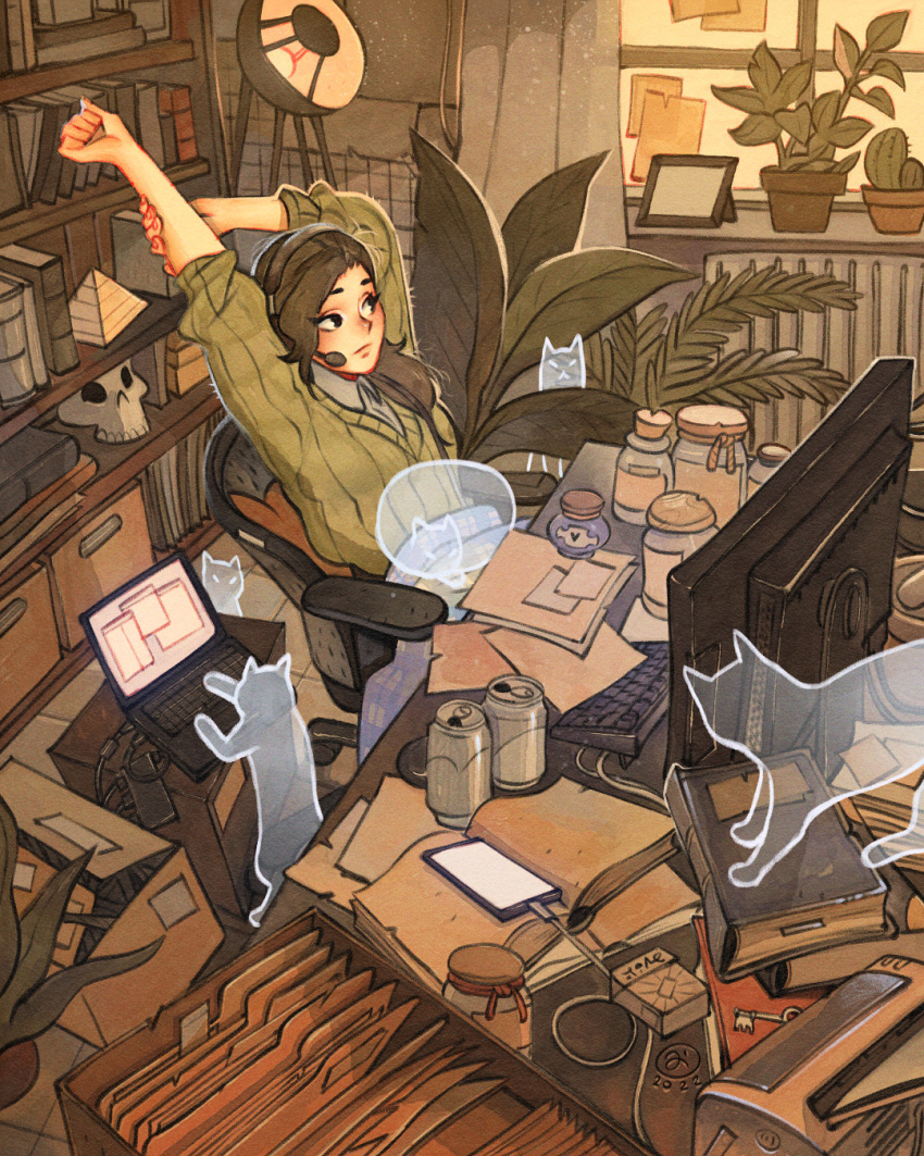 1girl, animal_on_lap, blanket, blanket_over_legs, book, bookshelf, box, brown_hair, cactus, can, cardigan, cat, cat_on_lap, cellphone, chair, commentary, computer, computer_keyboard, curtains, drink_can, fern, floor_lamp, folder, ghost, green_cardigan, grey_shirt, hair_over_shoulder, headset, highres, holding_own_arm, indoors, jar, key, lamp, laptop, long_hair, looking_to_the_side, monitor, office_chair, on_chair, on_lap, open_book, original, phone, picture_frame, plant, potted_plant, printer, shirt, simz, smartphone, soda_can, solo, stretching, swivel_chair, window