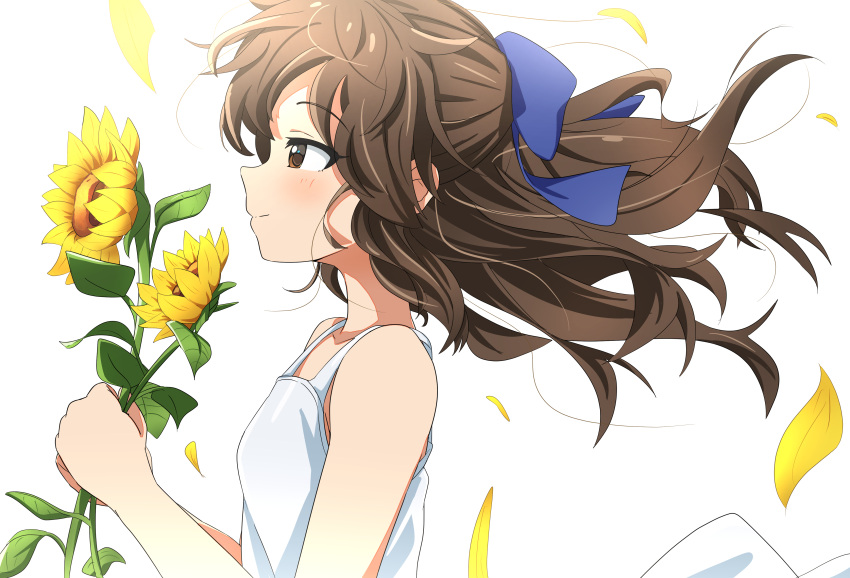 1girl, 4uyh, absurdres, bare_arms, blue_bow, blush, bow, breasts