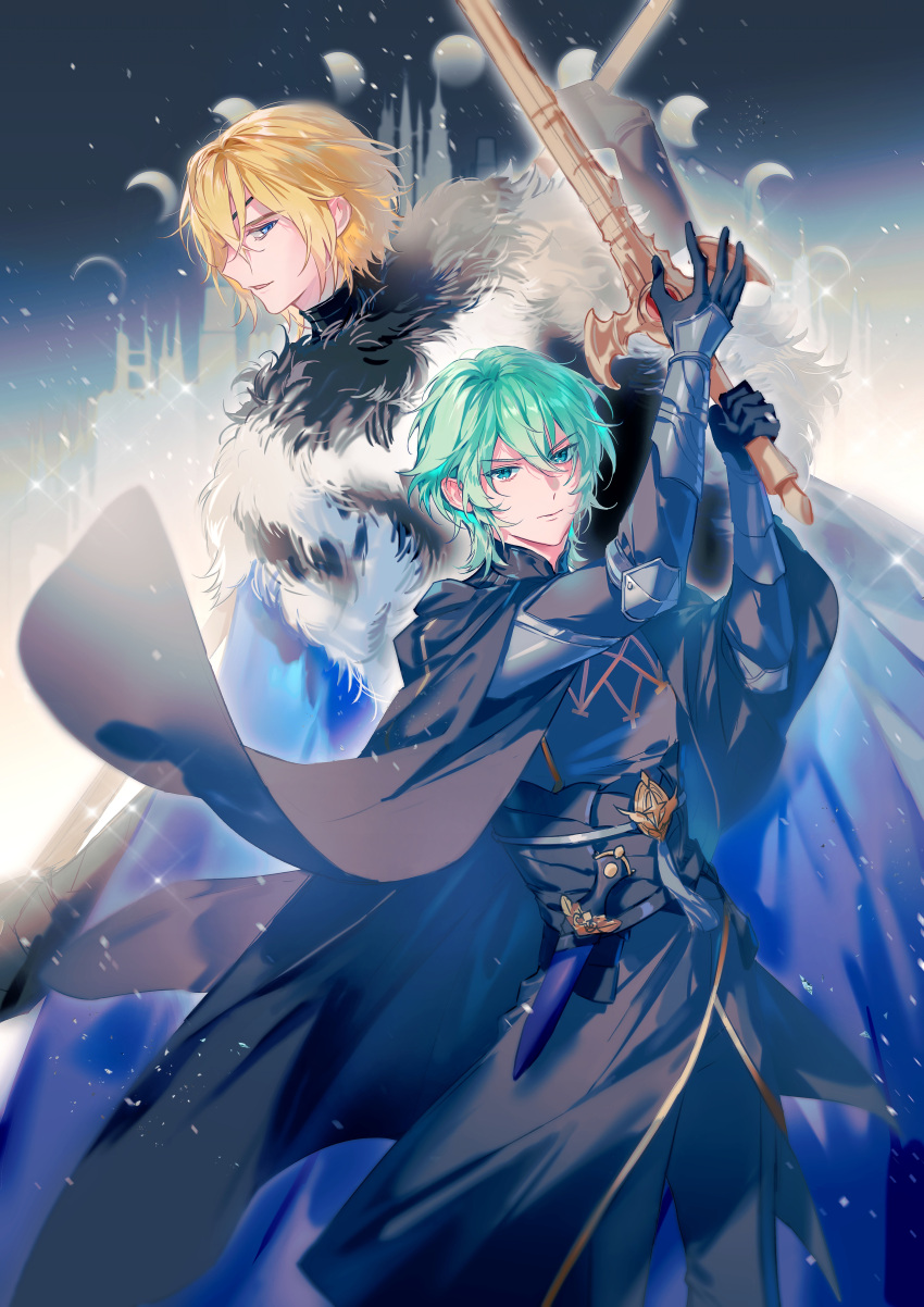 2boys, absurdres, armor, arms_up, black_cape, black_fur, black_gloves, black_pants