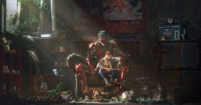 2boys, absurdres, alarm_clock, armchair, bass_guitar, blue_overalls, book, book_stack, brown_hair, bulletin_board, chair, child, clock, closed_eyes, closed_mouth, commentary, day, english_commentary, flower, full_body, gao_sheng, grey_shirt, highres, instrument, leaning_on_person, light_particles, light_rays, lips, living_room, long_sleeves, male_focus, multiple_boys, newspaper, on_chair, on_lap, open_window, original, overalls, overgrown, pink_flower, realistic, robot, rubber_duck, sheet_music, shirt, short_hair, sitting, smile, sunlight, television, three-quarter_sleeves, window