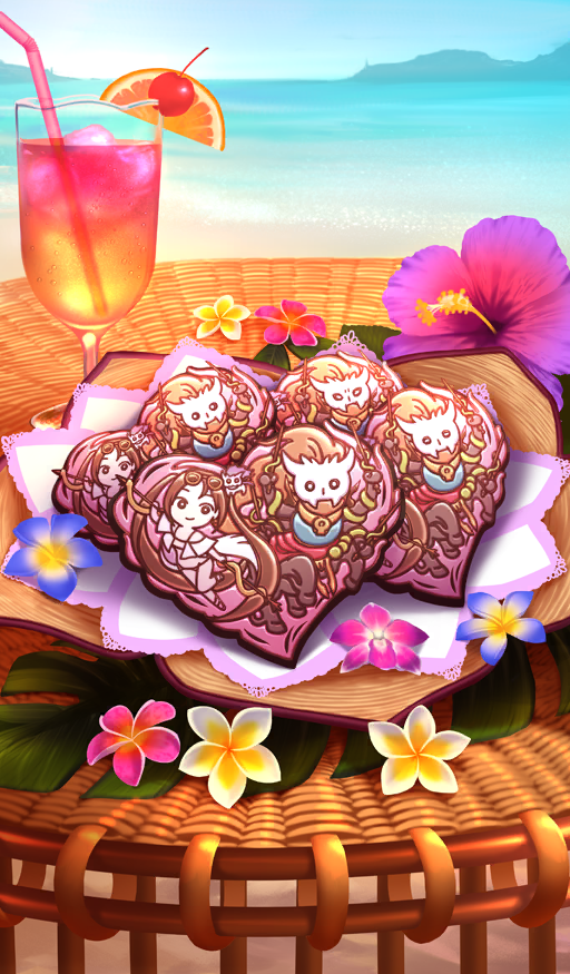 beach, blue_sky, candy, character-themed_food, cherry, chocolate, commentary, condensation, cookie, cup, dessert, drinking_glass, drinking_straw, fate/grand_order, fate_(series), flower, flower_request, food, food_focus, fruit, garnish, goblet_glass, heart, heart-shaped_chocolate, heart-shaped_cookie, heart-shaped_food, hibiscus, horizon, ichihashi_makoto, icing, no_humans, official_art, orange_(fruit), orange_slice, outdoors, pink_flower, purple_flower, sand, sky, still_life, third-party_source, tropical_drink, water, white_flower, xiang_yu_(fate), yu_mei-ren_(fate), yu_mei-ren_(swimsuit_lancer)_(fate)