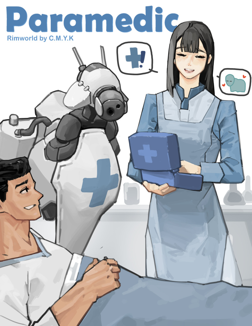 1boy, 1girl, absurdres, artist_name, black_hair, blue_shirt, character_name, closed_eyes, cmyk-kim, commentary_request, copyright_name, english_text, first_aid_kit, heart, highres, long_hair, long_sleeves, muffalo_(rimworld), nurse, open_mouth, paramedic_(rimworld), rimworld, robot, shirt, short_hair, speech_bubble, teeth, under_covers, upper_teeth_only, white_shirt