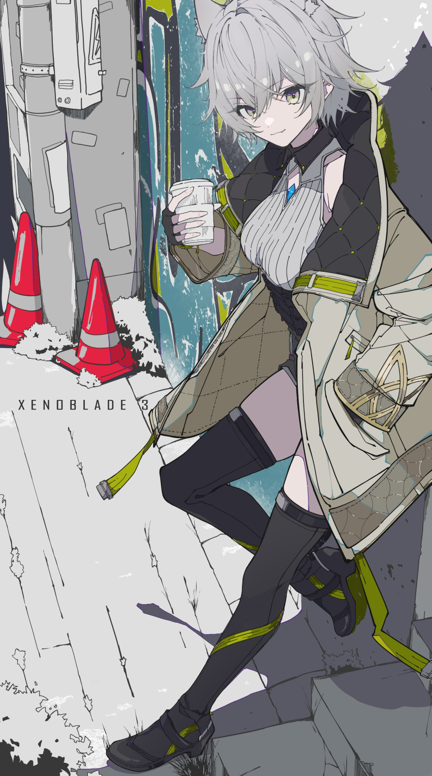 1girl, absurdres, animal_ears, black_boots, black_gloves, black_shorts, boots, breasts, cat_ears, coat, collared_shirt, crossed_bangs, cup, fang, fang_out, fingerless_gloves, full_body, gloves, grey_coat, grey_eyes, grey_hair, grey_shirt, gugugu_official, hair_between_eyes, hand_in_pocket, high-waist_shorts, highres, holding, holding_cup, leaning_forward, medium_breasts, na'el_(xenoblade), shirt, short_hair, shorts, solo, thigh_boots, traffic_cone, underbust, xenoblade_chronicles_(series), xenoblade_chronicles_3