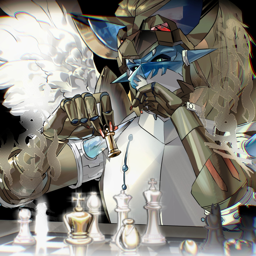 1boy, bishop_(chess), blonde_hair, board_game, brown_helmet, chess, chess_piece, commission