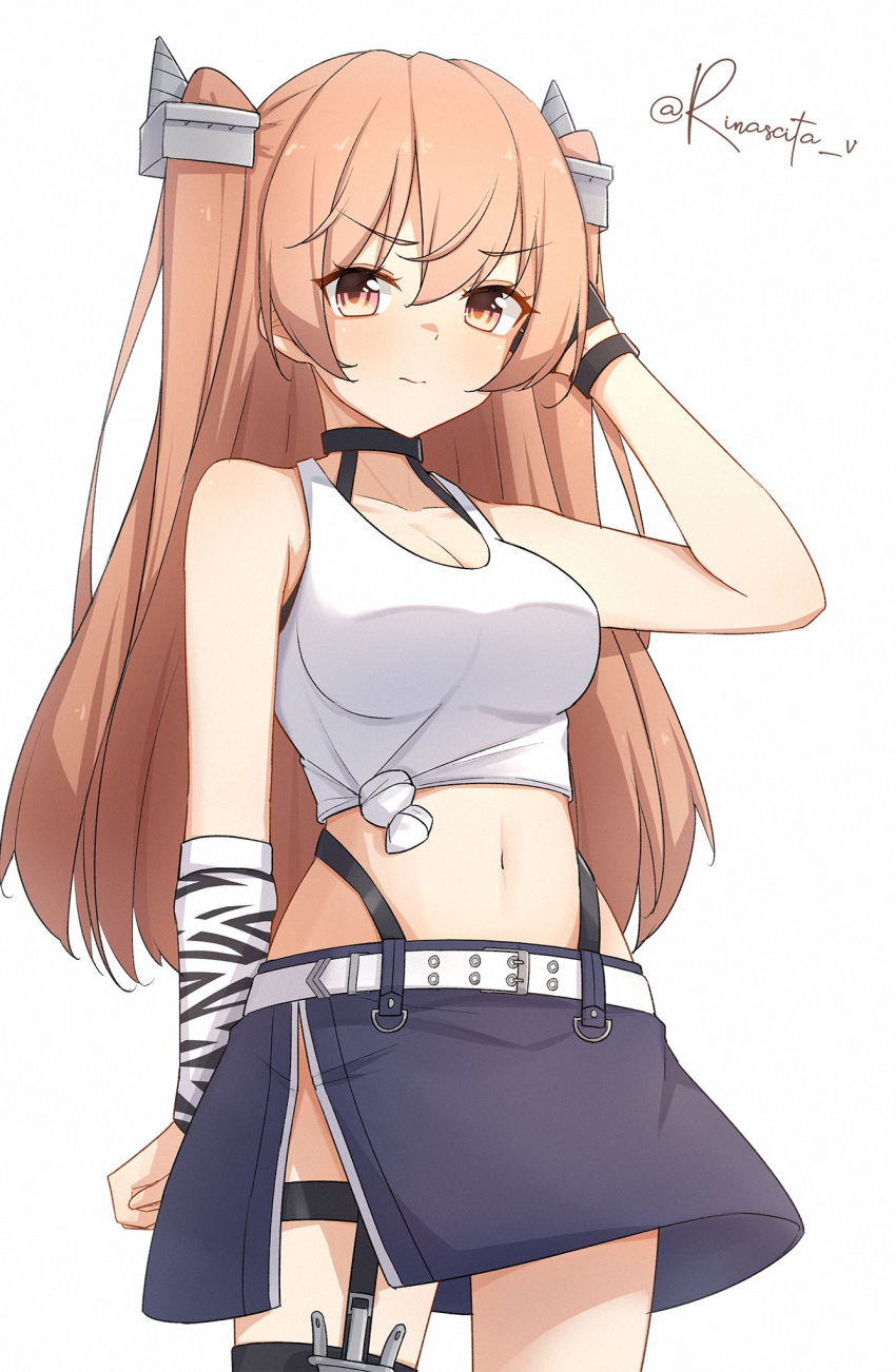 1girl, anchor_ornament, asymmetrical_gloves, aticsanir, belt, black_gloves, blue_skirt, breasts
