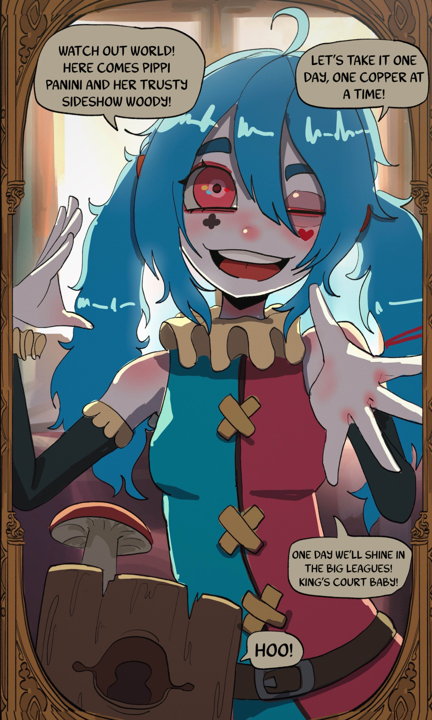 1girl, absurdres, ahoge, aqua_hair, basedbinkie, colored_skin, commentary, english_commentary, english_text, facepaint, frills, highres, jester, low_twintails, messy_hair, mushroom, one_eye_closed, pink_skin, pippi_panini_(basedbinkie), speech_bubble, tree_stump, twintails, woody_the_mockstump_(basedbinkie)