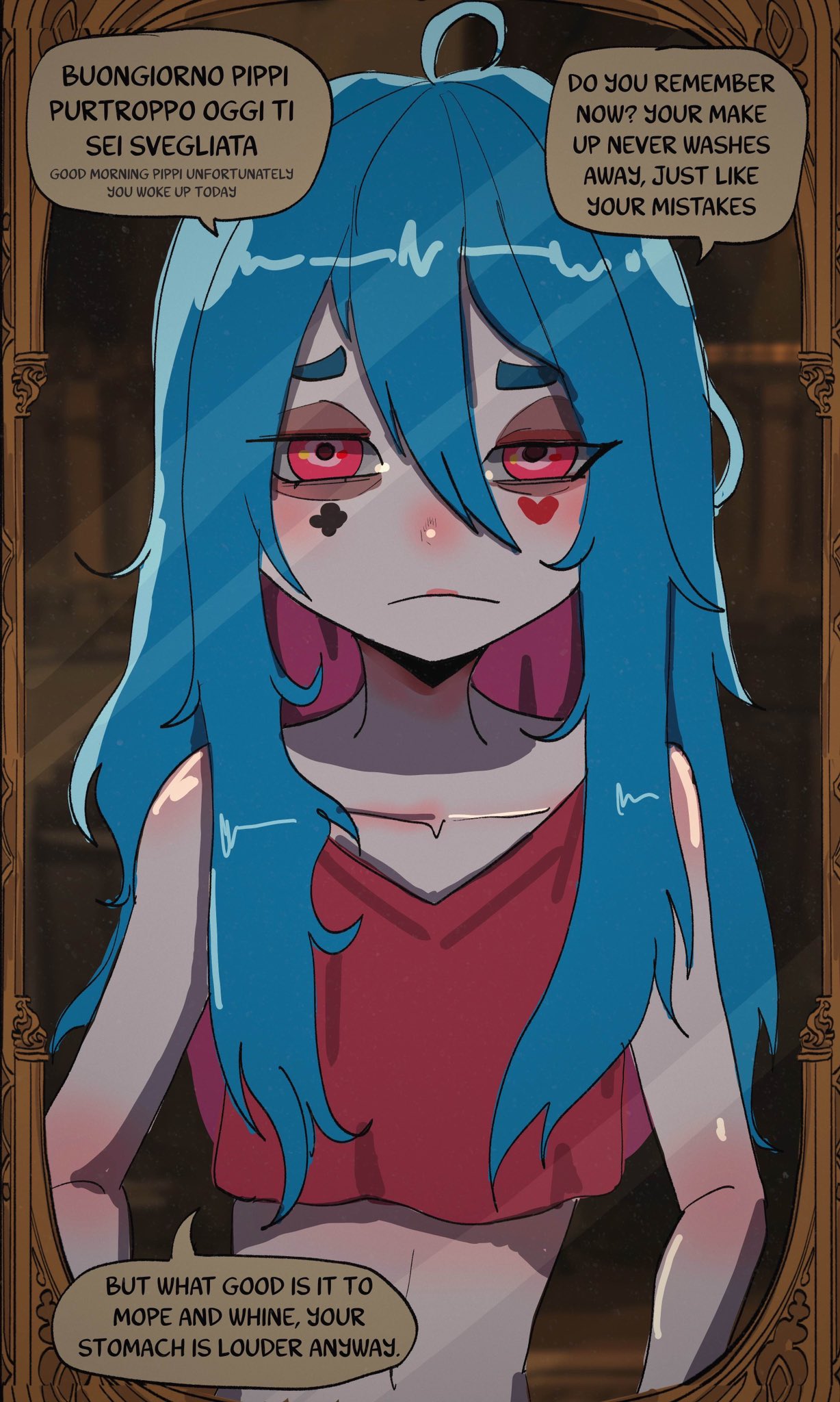 1girl, ahoge, aqua_hair, basedbinkie, colored_skin, commentary, crop_top, english_commentary