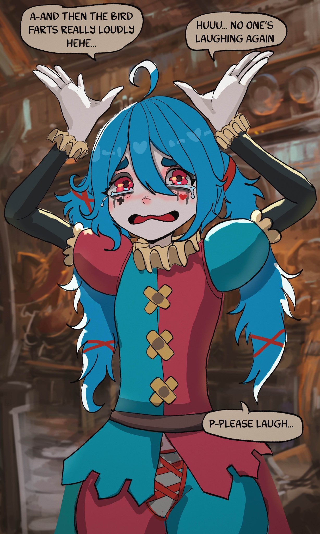 1girl, ahoge, aqua_hair, basedbinkie, colored_skin, commentary, crying, crying_with_eyes_open