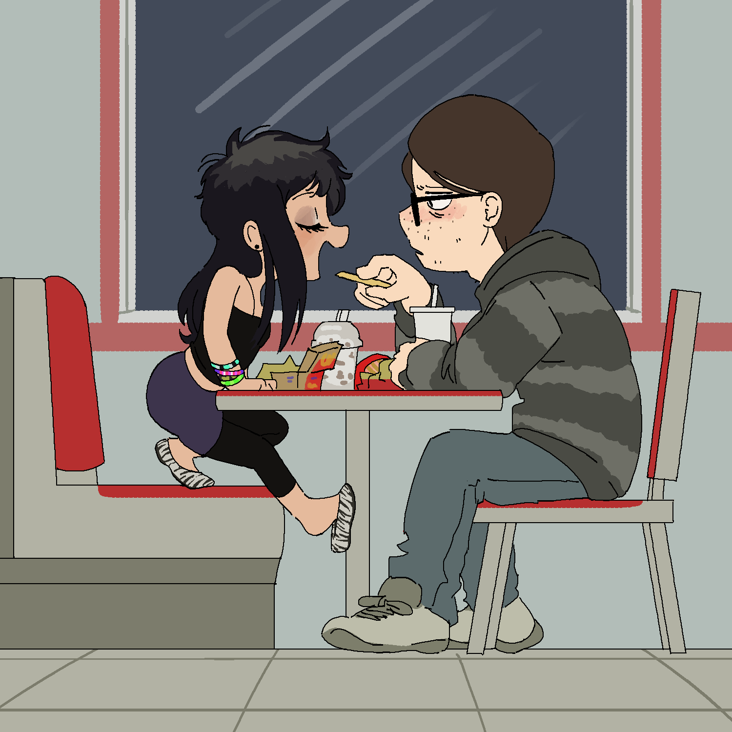 adri's_boyfriend_(homunculus100), adriana_ortega, age_difference, black_hair, blush, brown_hair, child, cup