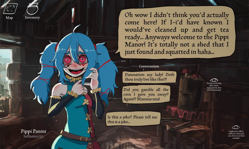 1girl, ahoge, aqua_hair, basedbinkie, colored_skin, english_text, facepaint, frills