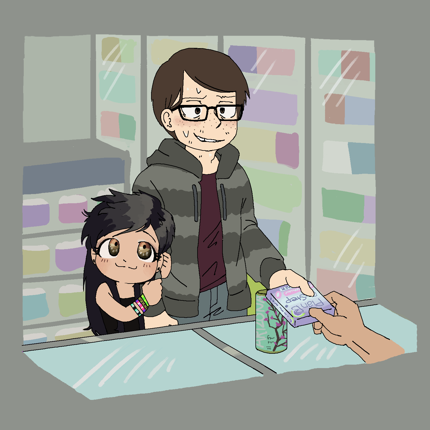 :3, adri's_boyfriend_(homunculus100), adriana_ortega, age_difference, arizona_(drink), blush, bracelet, brown_eyes