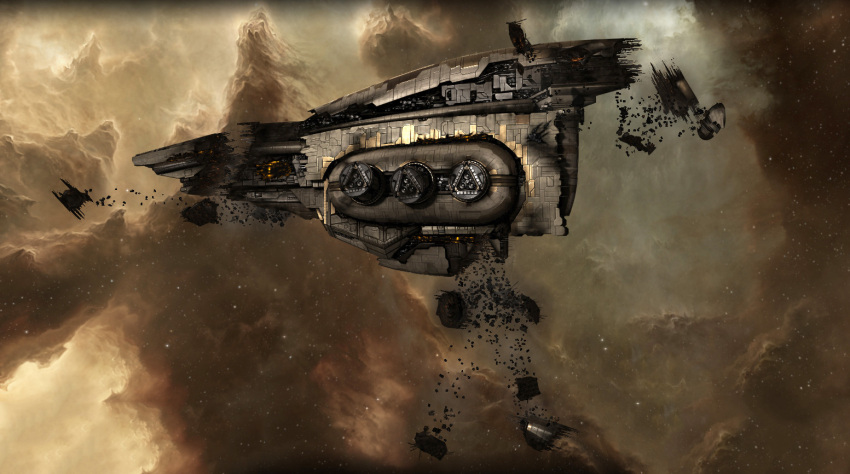 3d, amarr_empire_(eve_online), battle_damage, broken, brown_background, capital_ship_(eve_online), carthum_conglomerate_(eve_online), clouds