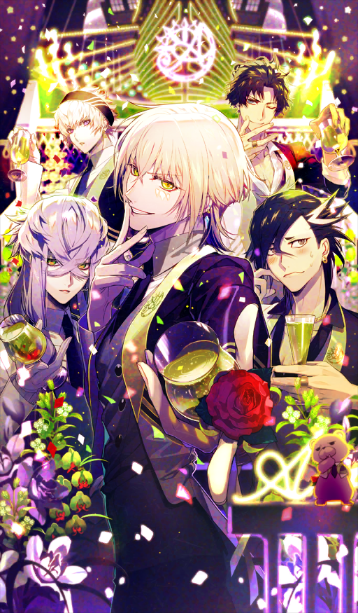 5boys, asclepius_(fate), bartholomew_roberts_(fate), black_hair, black_hairband, black_jacket, black_necktie, black_shirt