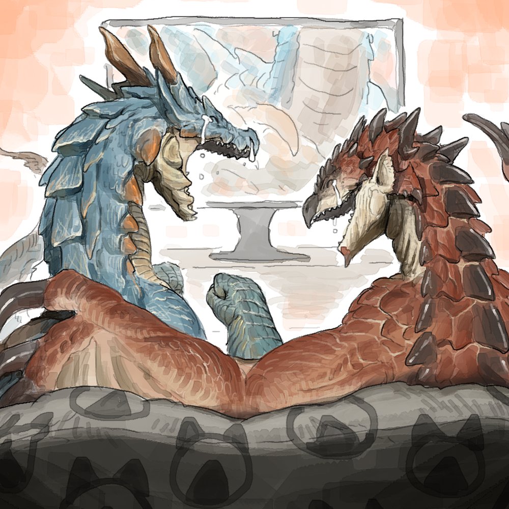 azure_rathalos, blue_scales, cheerleader, clenched_hands, couch, crying, dragon, happy_tears
