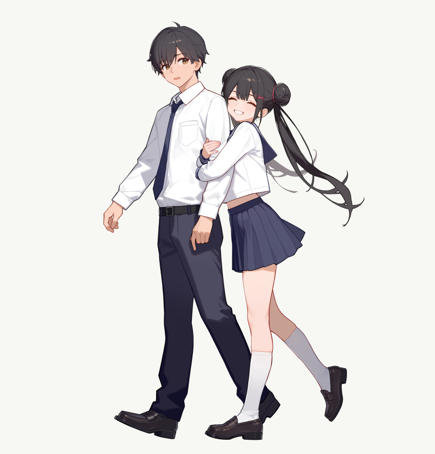 1boy, 1girl, absurdres, ankle_socks, arm_hug, belt, black_hair, brown_eyes