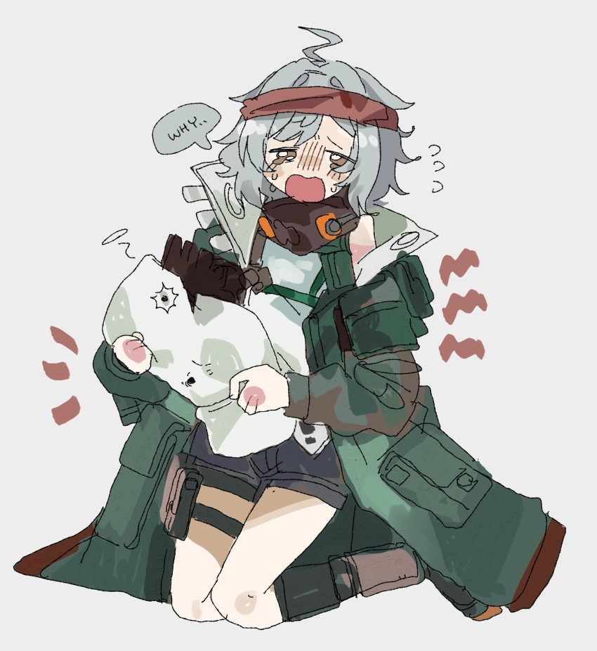 1girl, ahoge, black_shorts, brown_eyes, bullet_hole, crying, crying_with_eyes_open, english_text, flying_teardrops, g11_(girls'_frontline), girls'_frontline_2:_exilium, girls_frontline, green_jacket, grey_hair, hairband, highres, holding, holding_pillow, jacket, kneeling, mechty_(girls'_frontline_2), odmised, open_clothes, open_jacket, pillow, red_hairband, scene_reference, short_hair, shorts, simple_background, sketch, solo, speech_bubble, tears, white_background
