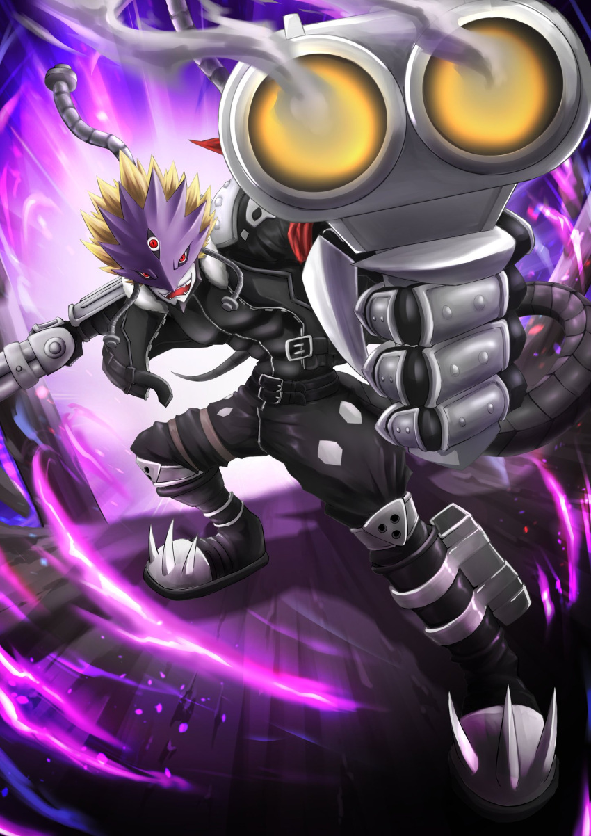 1boy, bandana_around_arm, beelzebumon, black_boots, black_jacket, black_pants, black_shirt, blonde_hair