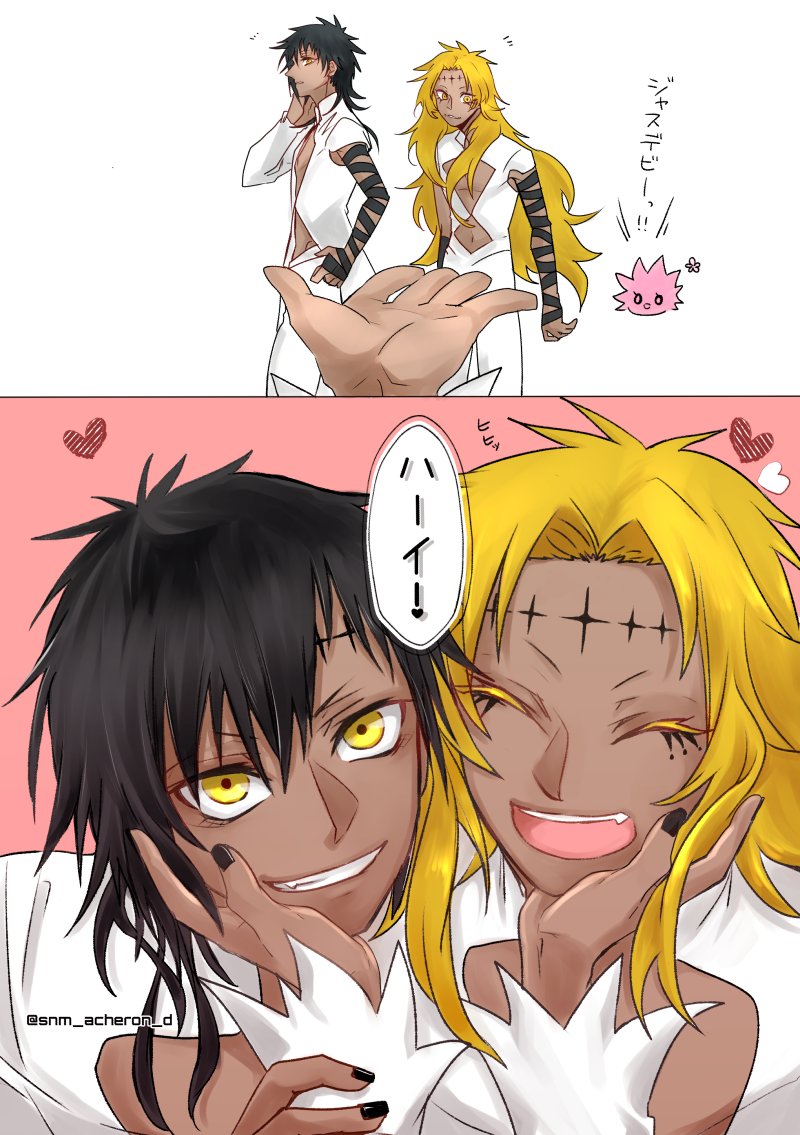 1girl, 2boys, arm_ribbon, black_hair, black_nails, black_ribbon, blonde_hair, chibi