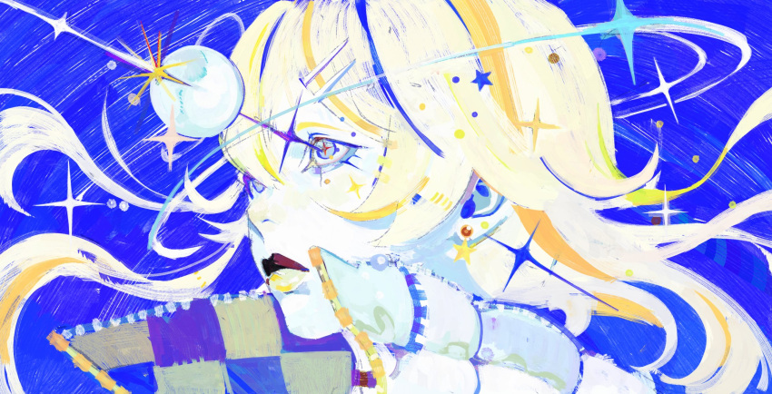 1girl, black_lips, blonde_hair, blue_eyes, earrings, hair_ornament, hairclip, highres, jacket, jewelry, kaneko_lumi, limited_palette, phase_connect, rexpo, solo, star_(symbol), star_earrings, virtual_youtuber, yellow_lips, zipper