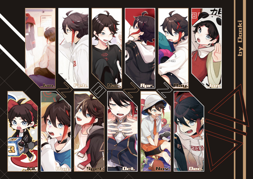 1boy, absurdres, ahoge, april, august, black_hair, blue_eyes, calendar_(object), cosplay, december, february, florian_(pokemon), florian_(pokemon)_(cosplay), highres, hood, hoodie, january, july, kattobing, male_focus, march, may, multicolored_hair, multiple_views, nijisanji, november, october, open_mouth, saegusa_akina, september, streaked_hair, teeth, white_hoodie