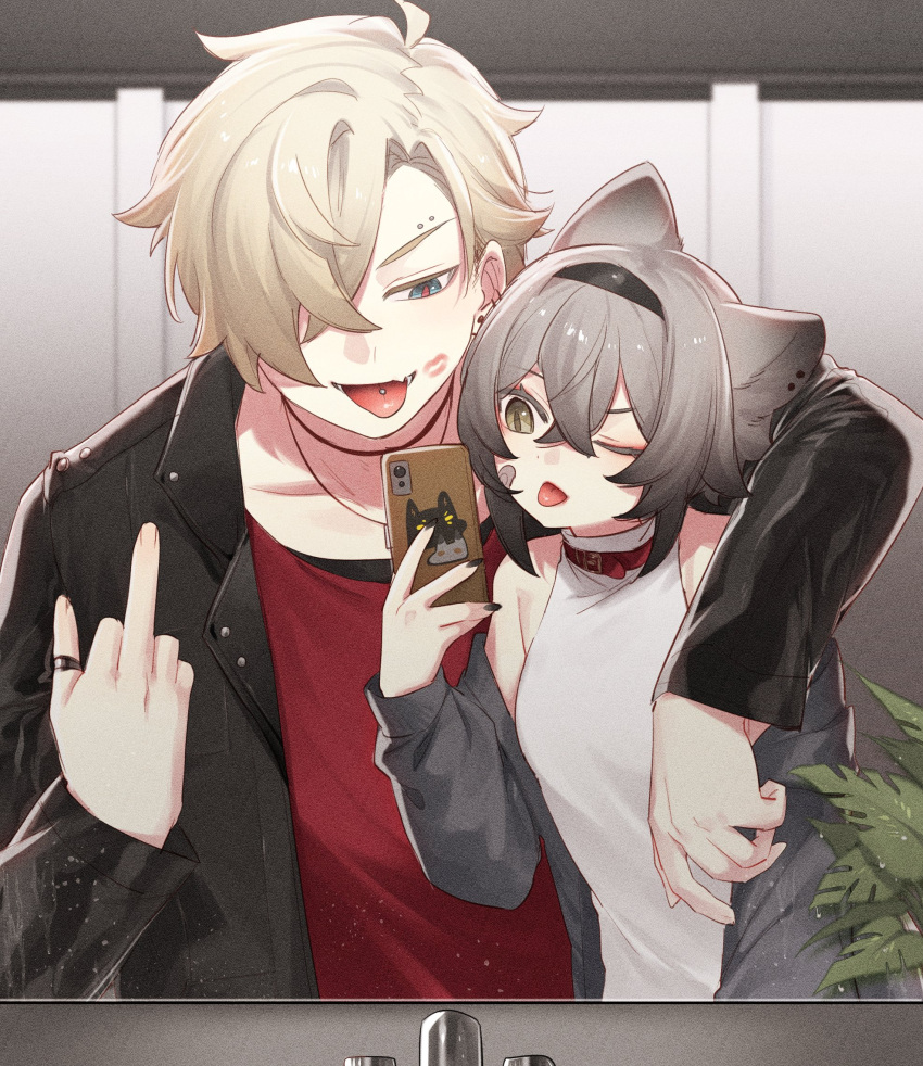 1boy, 1girl, bathroom, black_jacket, blonde_hair, cellphone, degrees_of_lewdity, eyebrow_piercing