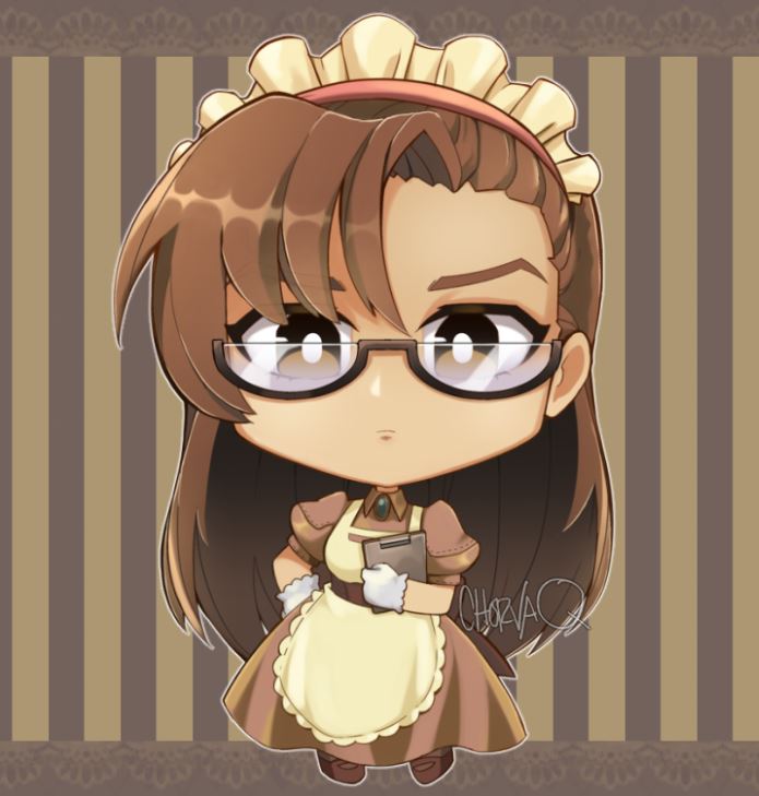 1girl, apron, asymmetrical_bangs, bright_pupils, brown-framed_eyewear, brown_background, brown_dress, brown_eyes