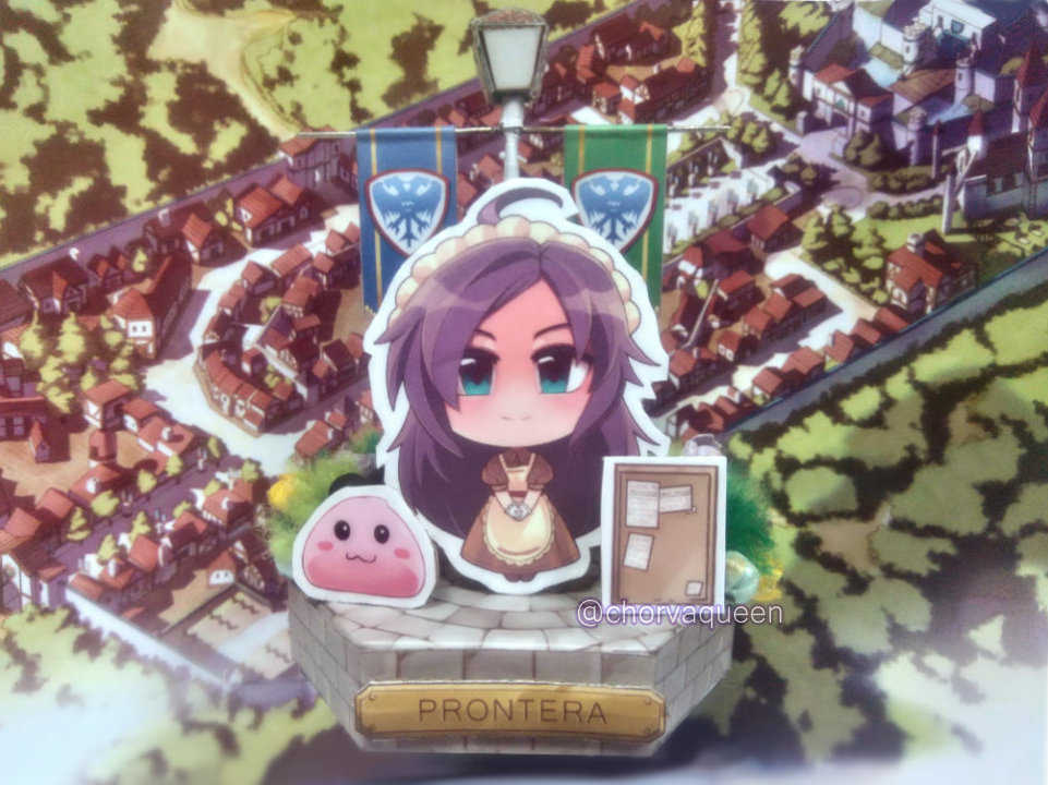 1girl, :3, apron, banner, blue_eyes, blush, brown_dress, chorvaqueen