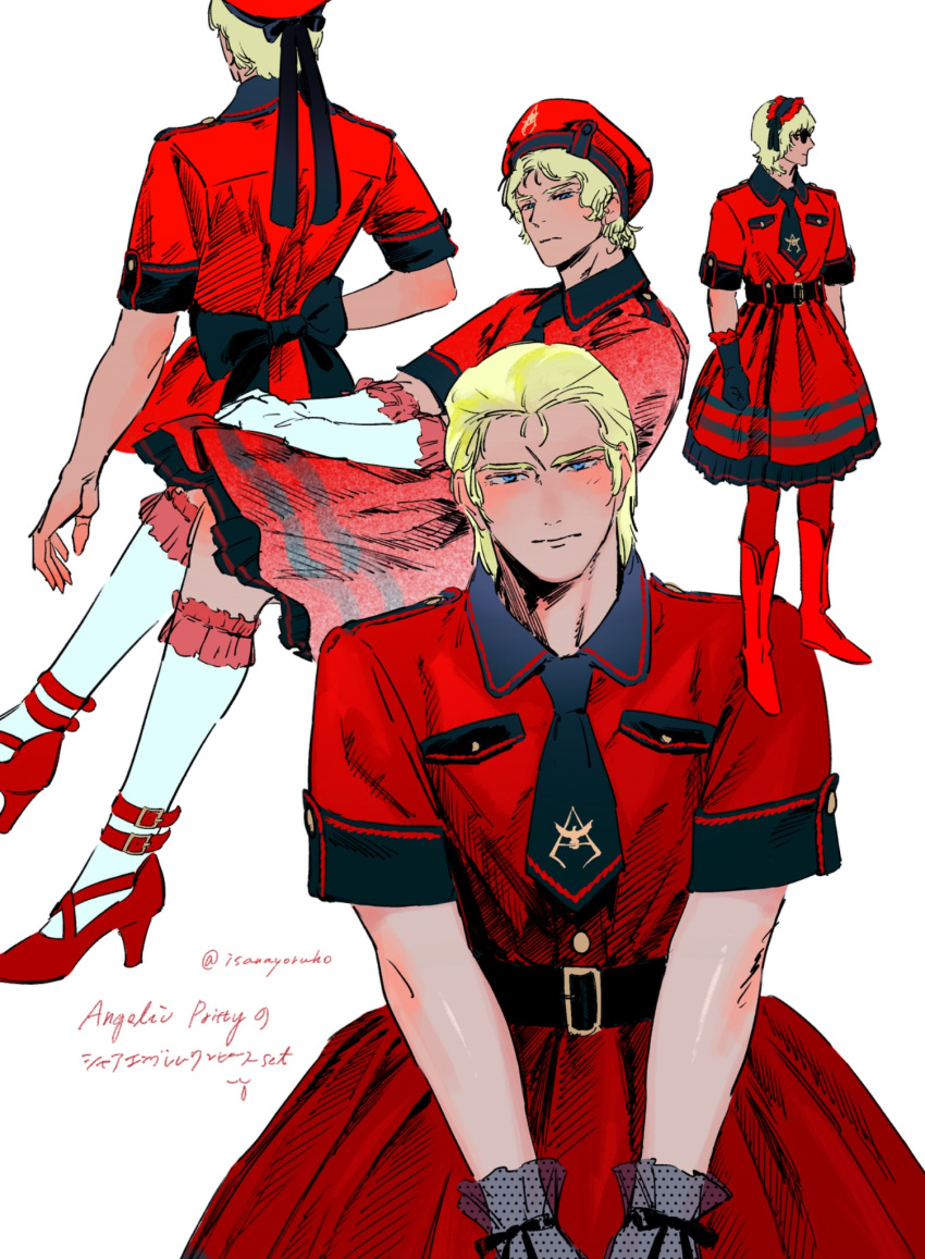 1boy, angelic_pretty, black_gloves, black_necktie, blonde_hair, blue_eyes, bodysuit, char_aznable