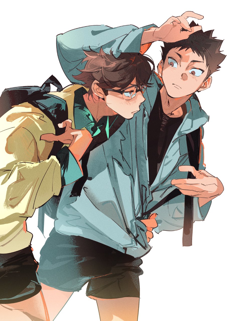 2boys, arm_around_waist, atie1225, backpack, bag, bespectacled, black_bag, black_shirt
