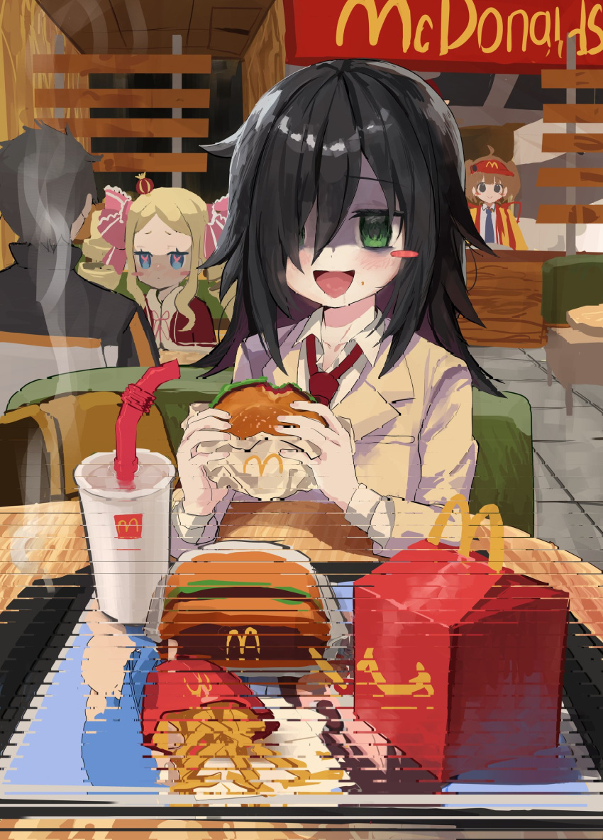 1boy, 3girls, bags_under_eyes, beatrice_(re:zero), black_hair, blonde_hair, brown_hair, burger, butterfly-shaped_pupils, capelet, crown, cup, disposable_cup, drill_hair, eating, employee_uniform, fast_food_uniform, food, french_fries, green_eyes, grey_eyes, hair_over_one_eye, happy_meal, highres, holding, holding_food, imadake_dabuchi_tabemi, jacket, kagana_helsuki, kuroki_tomoko, mcdonald's, mini_crown, multiple_girls, natsuki_subaru, necktie, open_mouth, pink_pupils, pink_ribbon, re:zero_kara_hajimeru_isekai_seikatsu, red_capelet, ribbon, school_uniform, shirt, skirt, smile, symbol-shaped_pupils, track_jacket, track_suit, twin_drills, twintails, visor_cap, watashi_ga_motenai_no_wa_dou_kangaetemo_omaera_ga_warui!, white_shirt, yellow_happi, yellow_skirt