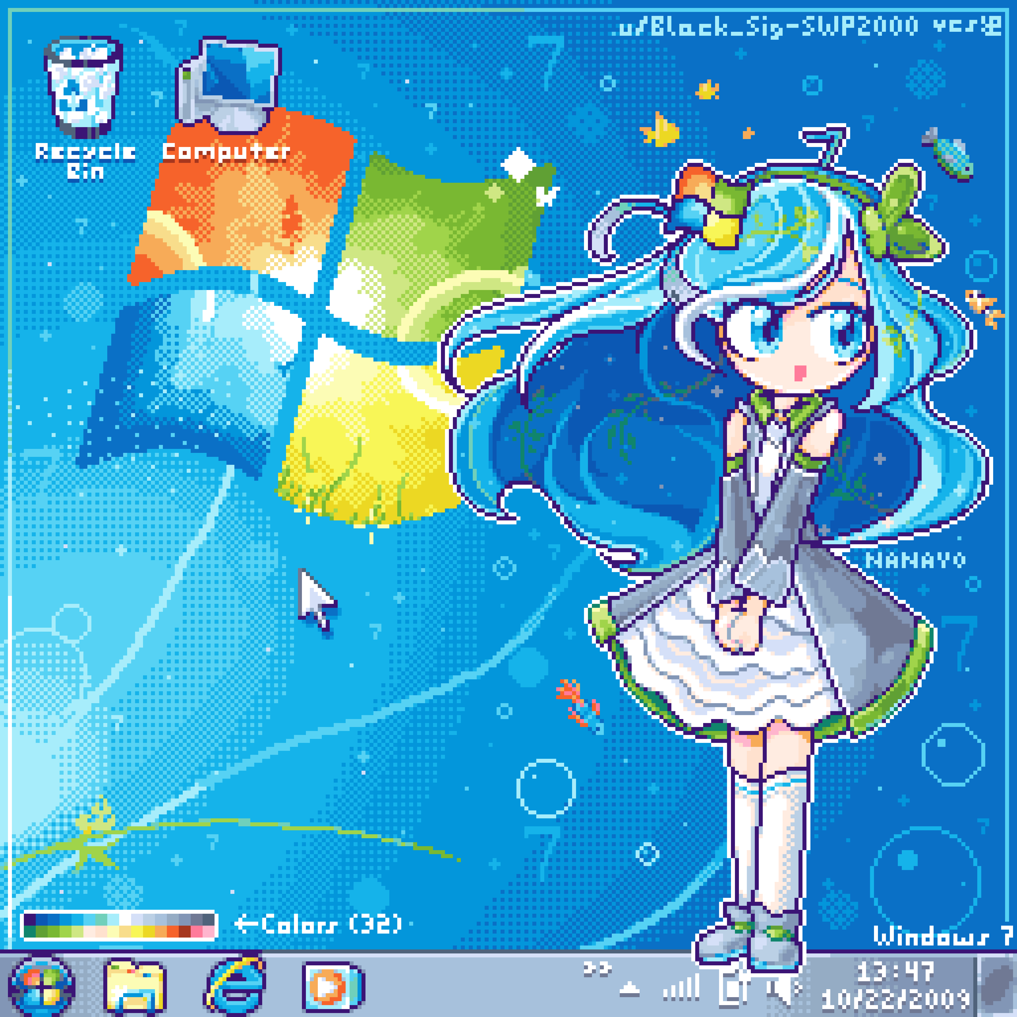 1girl, 2009, absurdres, artist_name, bare_shoulders, blue_eyes, blue_hair, blue_theme