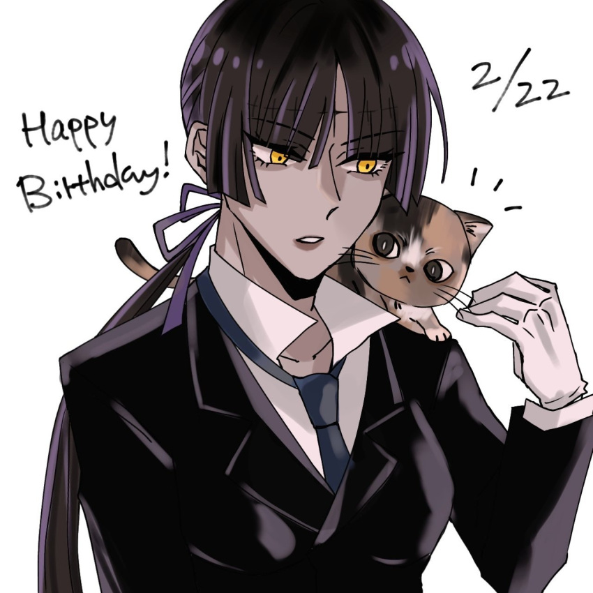 1girl, animal_on_shoulder, black_hair, black_suit, blue_necktie, cat, cat_on_shoulder, collared_shirt