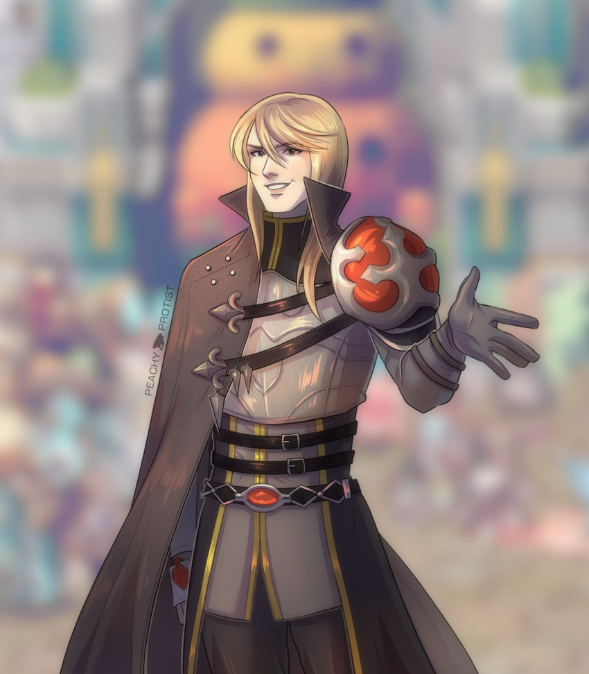 1boy, armor, black_coat, blonde_hair, blurry, blurry_background, breastplate, brown_cape