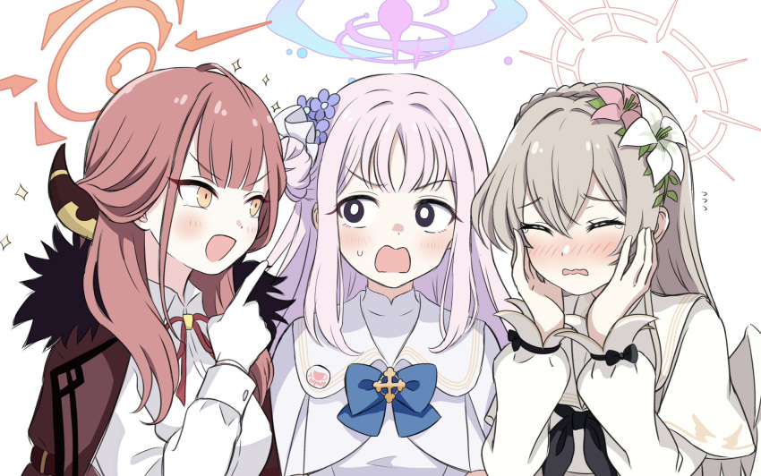 3girls, :d, aru_(blue_archive), black_eyes, blue_archive, blue_bow, blue_bowtie, blue_flower
