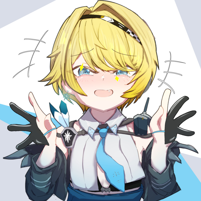 1girl, bikini, bikini_top_only, black_bikini, blonde_hair, blue_eyes, blue_necktie, collared_shirt