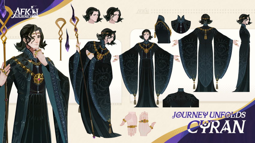 1boy, afk_(series), afk_journey, black_eyes, black_hair, black_robe, blue_gemstone, bowing