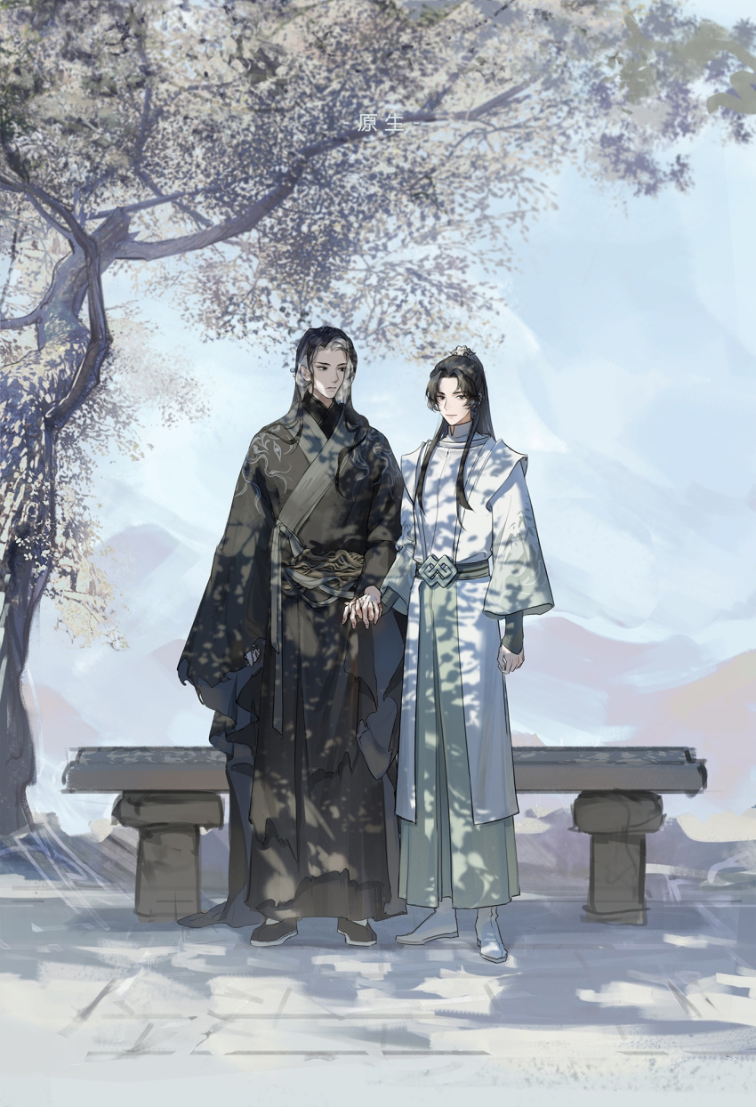 2boys, bench, black_boots, black_eyes, black_hair, black_hanfu, black_sash, blue_sky