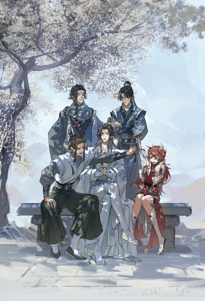 1girl, 4boys, bench, black_boots, black_hair, black_sash, blue_hanfu, blue_sky