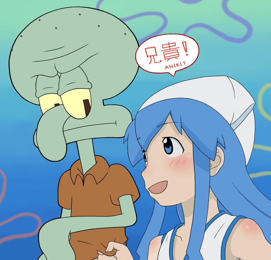 artist_request, blue_eyes, blue_hair, crossover, ikamusume, shinryaku!_ikamusume, spongebob_squarepants, squidward_tentacles