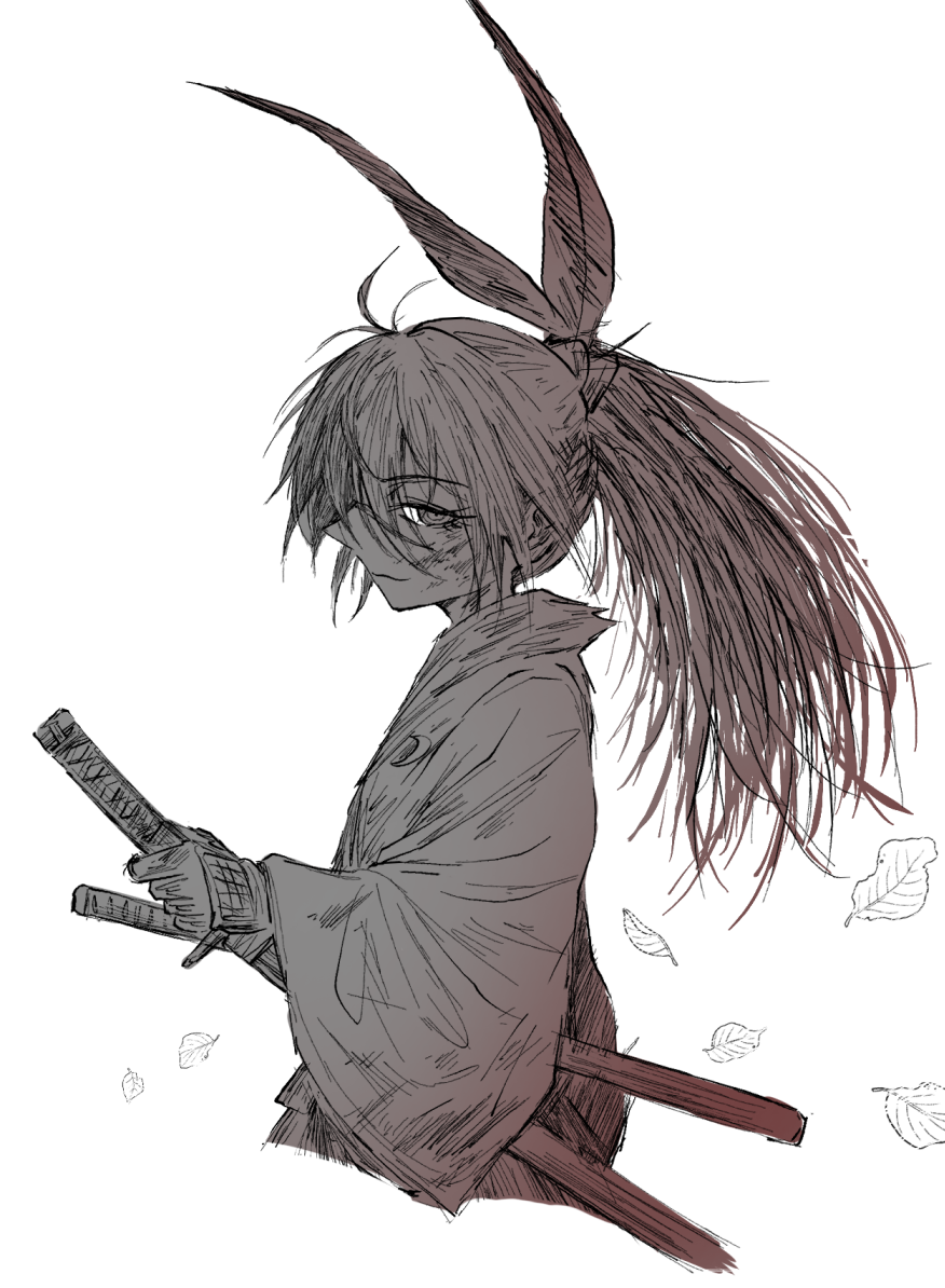 1girl, @_@, batta_nj, cropped_legs, falling_leaves, from_side, greyscale, hair_ribbon